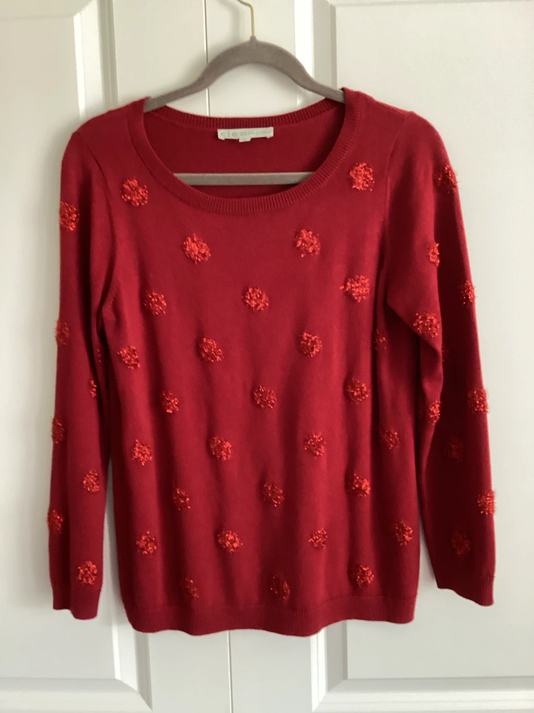 CLEO PETITES RED FUZZY BALL SWEATER