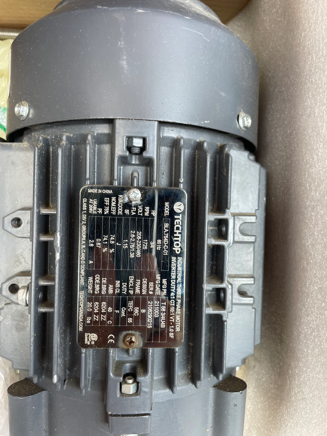 Techtop Aluminum Motor 3/4HP 230/460V 1800RPM 56C - photo 2