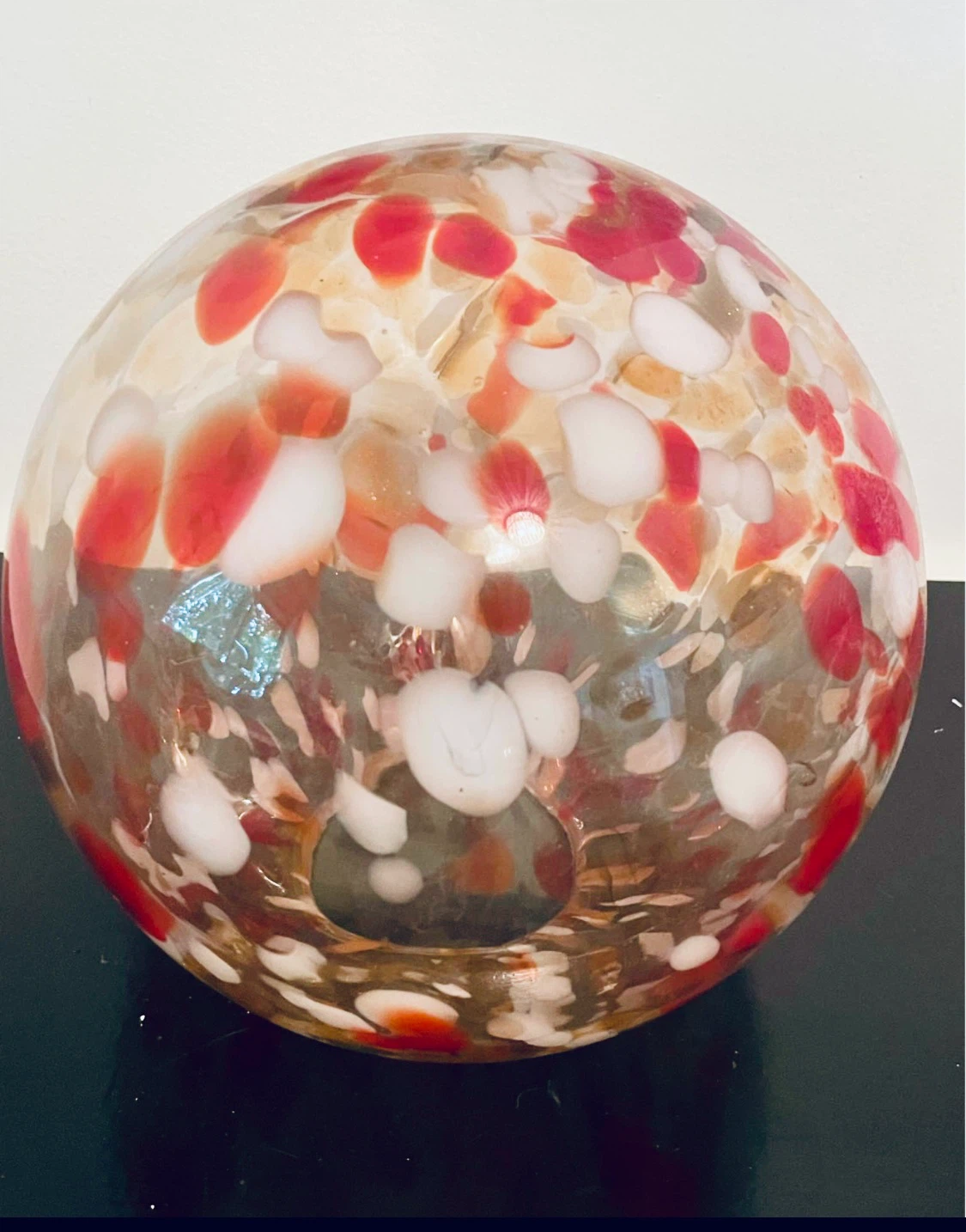 Glass Orb Sphere Art Decor Red White Speckled