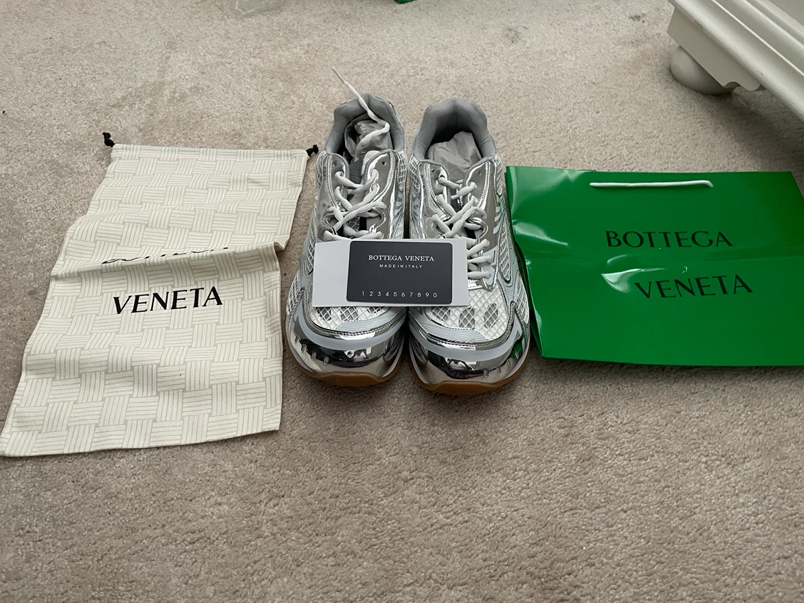 Bottega Veneta Silver Leather and Mesh Sneakers