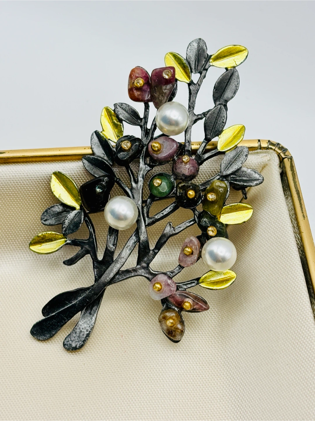Tree Branch Brooch with faux Pearls and Gemstones