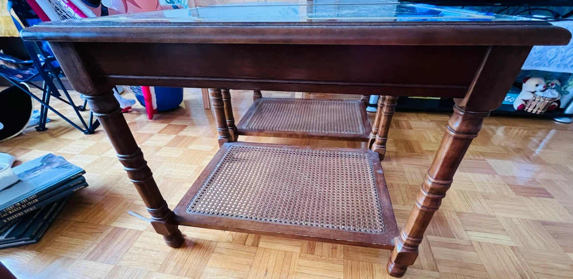 Wooden side table with glass top and cane shelves - photo 2