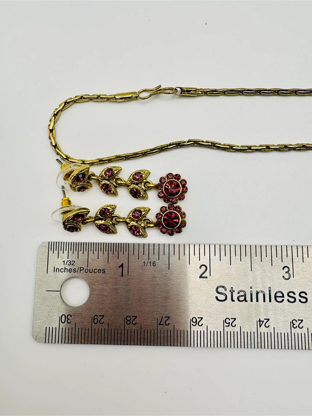Gold-tone necklace and earring set with purple rhinestones - photo 4