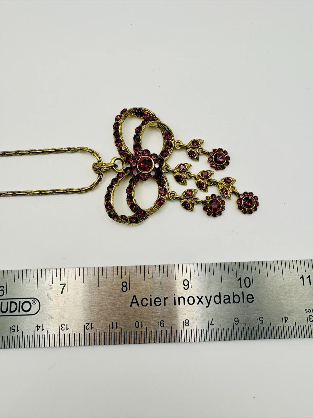 Gold-tone necklace and earring set with purple rhinestones - photo 5