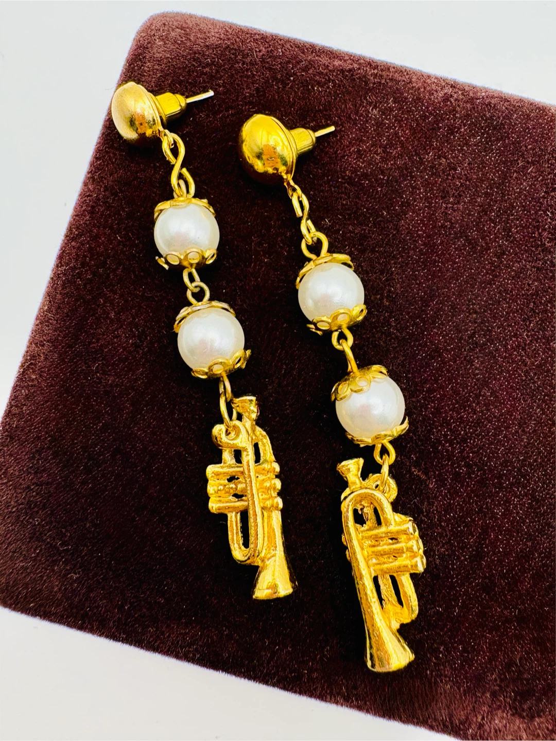 Gold Trumpet & Pearl Dangle Earrings