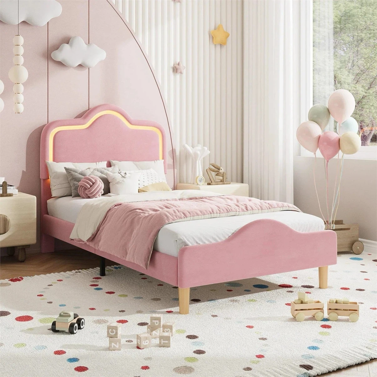 Pink Velvet Twin Bed Frame with LED Headboard