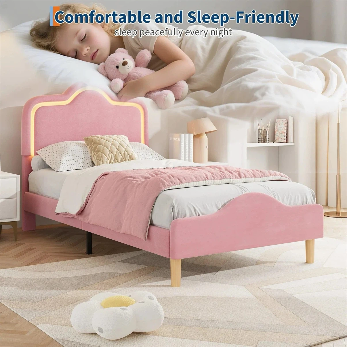 Pink Velvet Twin Bed Frame with LED Headboard - photo 2