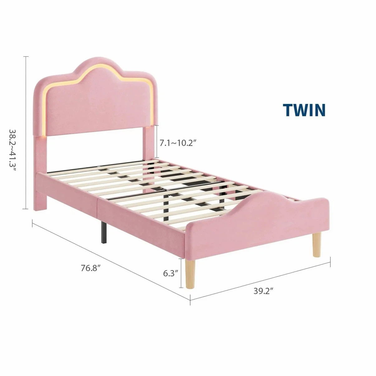 Pink Velvet Twin Bed Frame with LED Headboard - photo 3