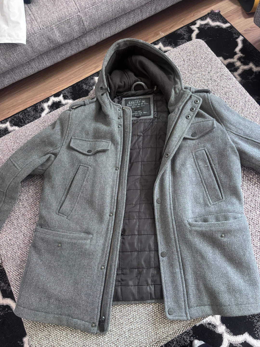 Guess Men's Grey Wool Blend Hooded Jacket