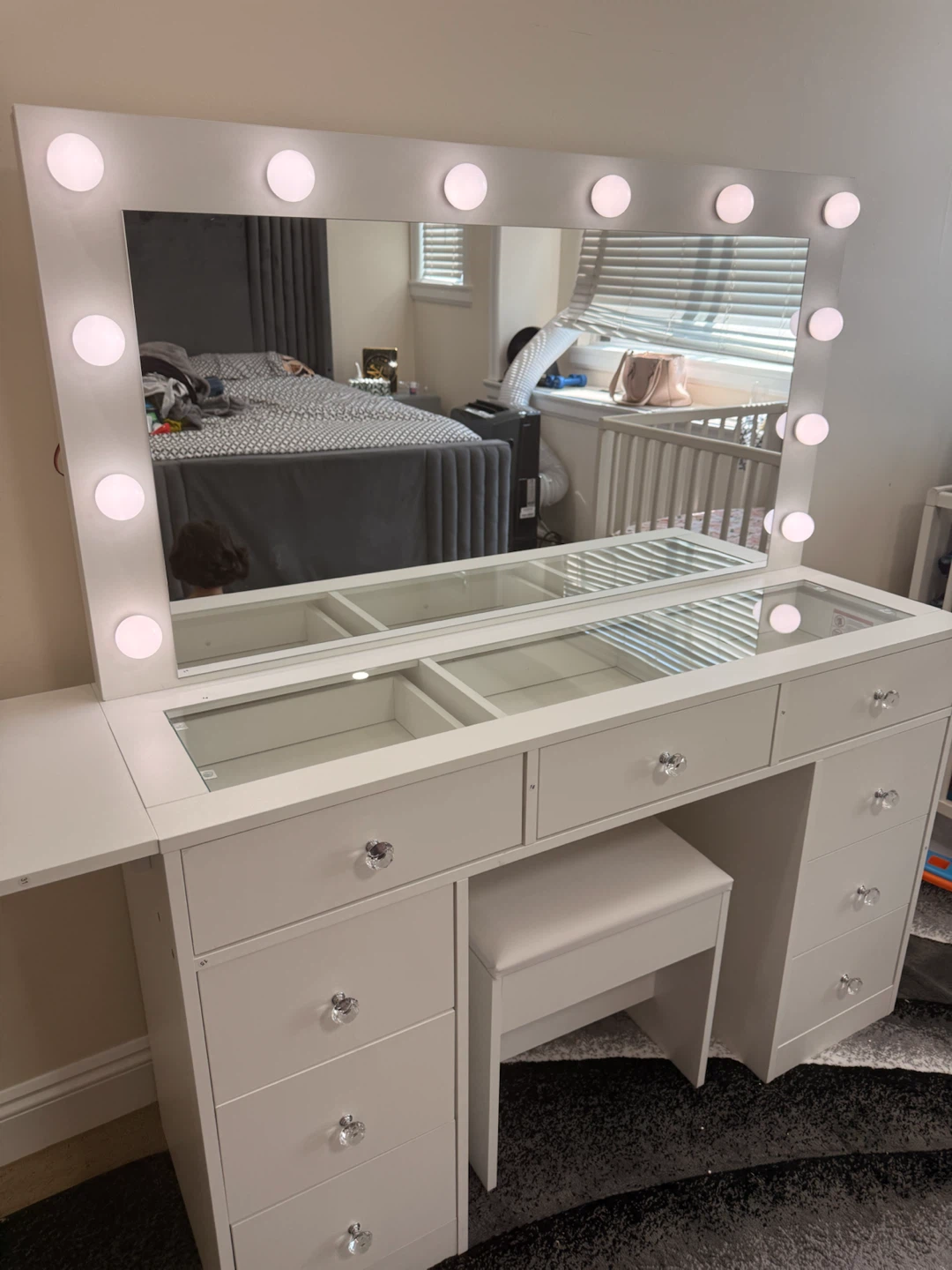 White Vanity Set with Lighted Mirror and Stool