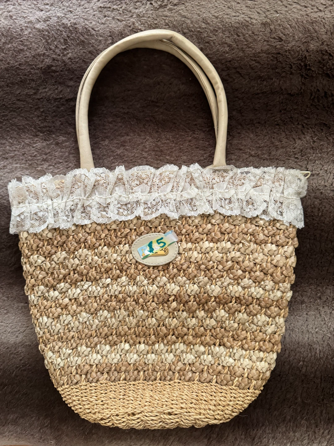 Woven Straw Tote Bag with Lace Trim