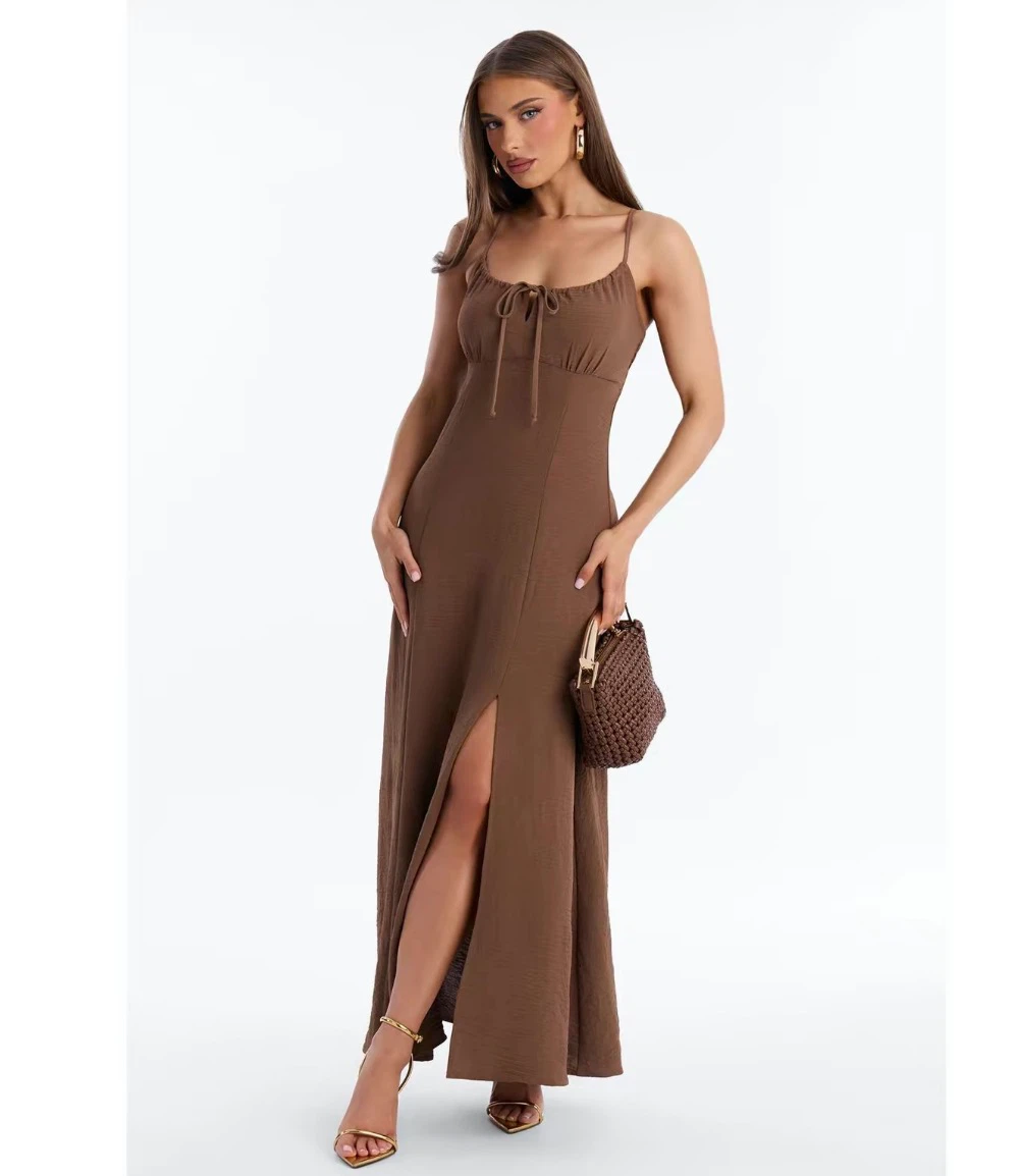 Brown Maxi Dress with Tie Front