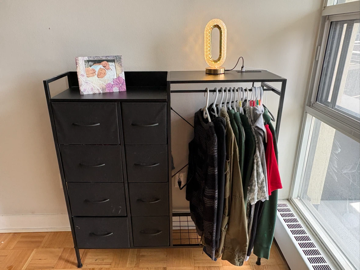 Black Fabric Drawer Dresser with Clothes Rack