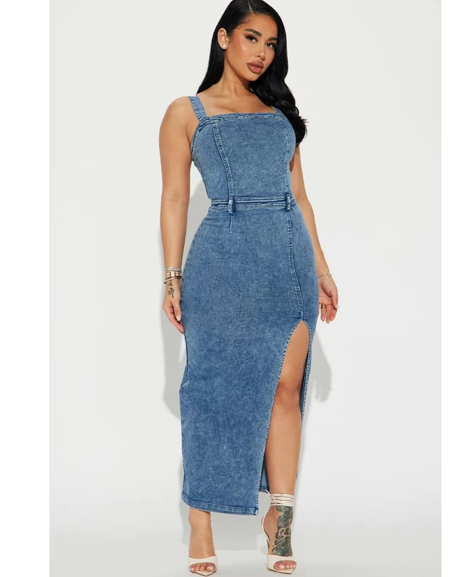 Women's Denim Midi Dress with High Slit