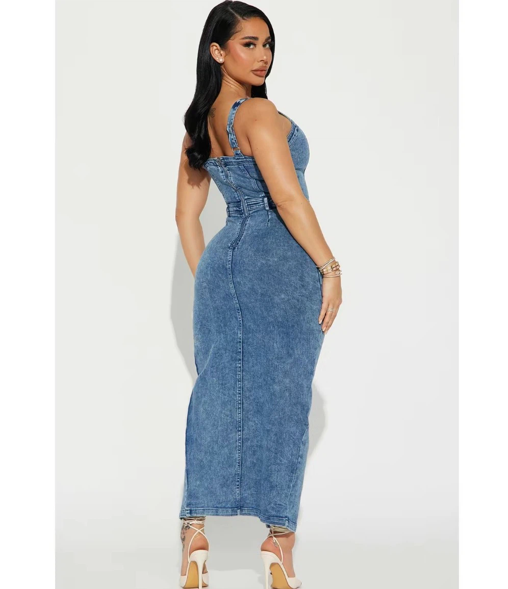 Women's Denim Midi Dress with High Slit - photo 2