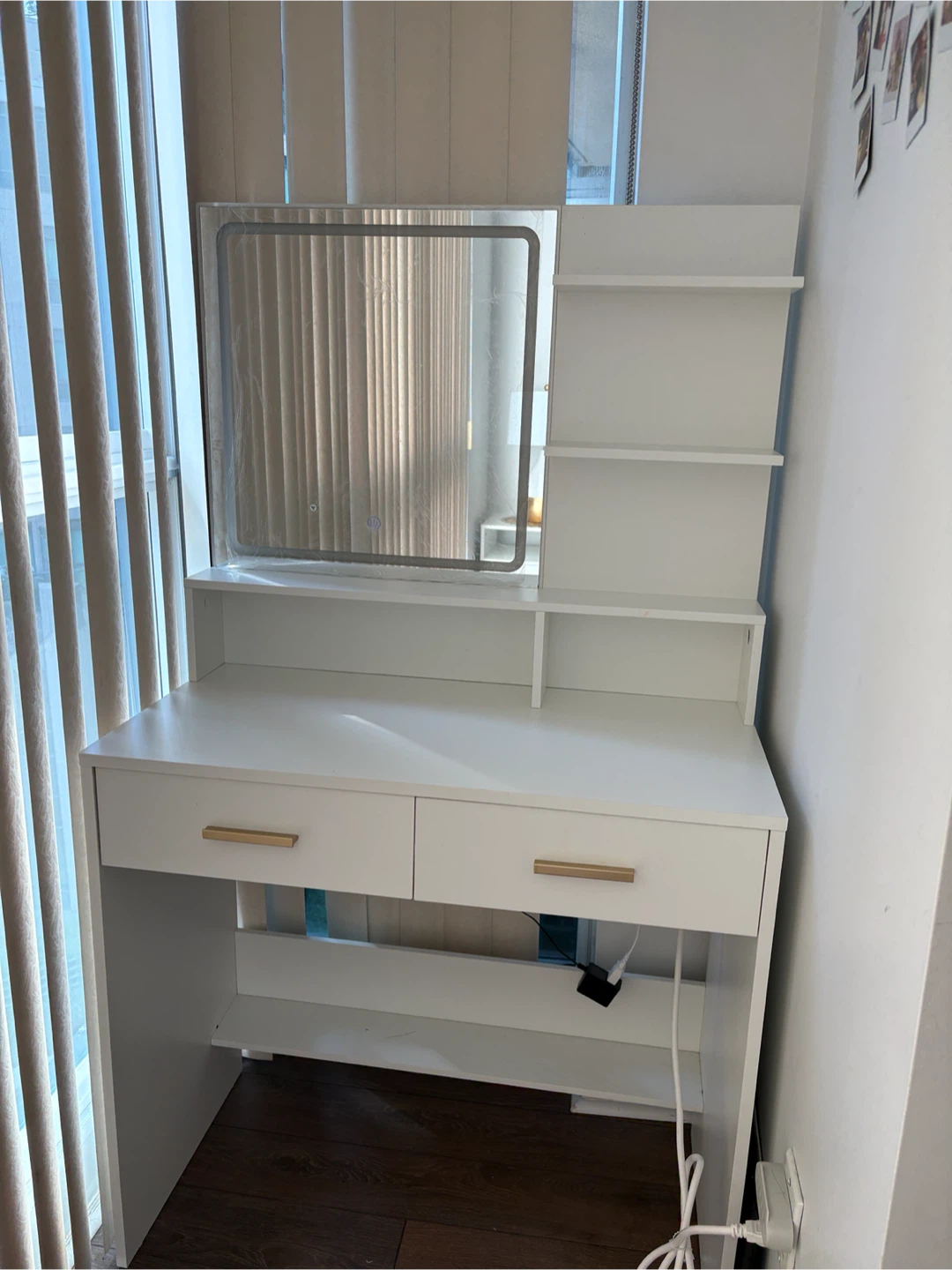 White Vanity Desk with LED Mirror and Shelves