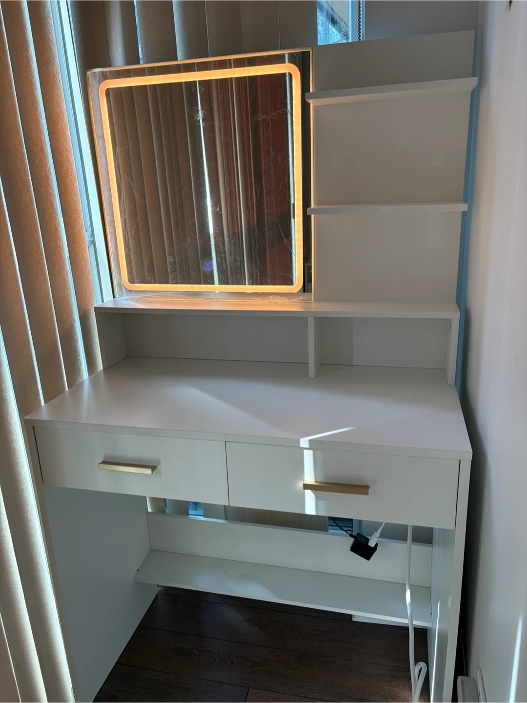 White Vanity Desk with LED Mirror and Shelves - photo 2