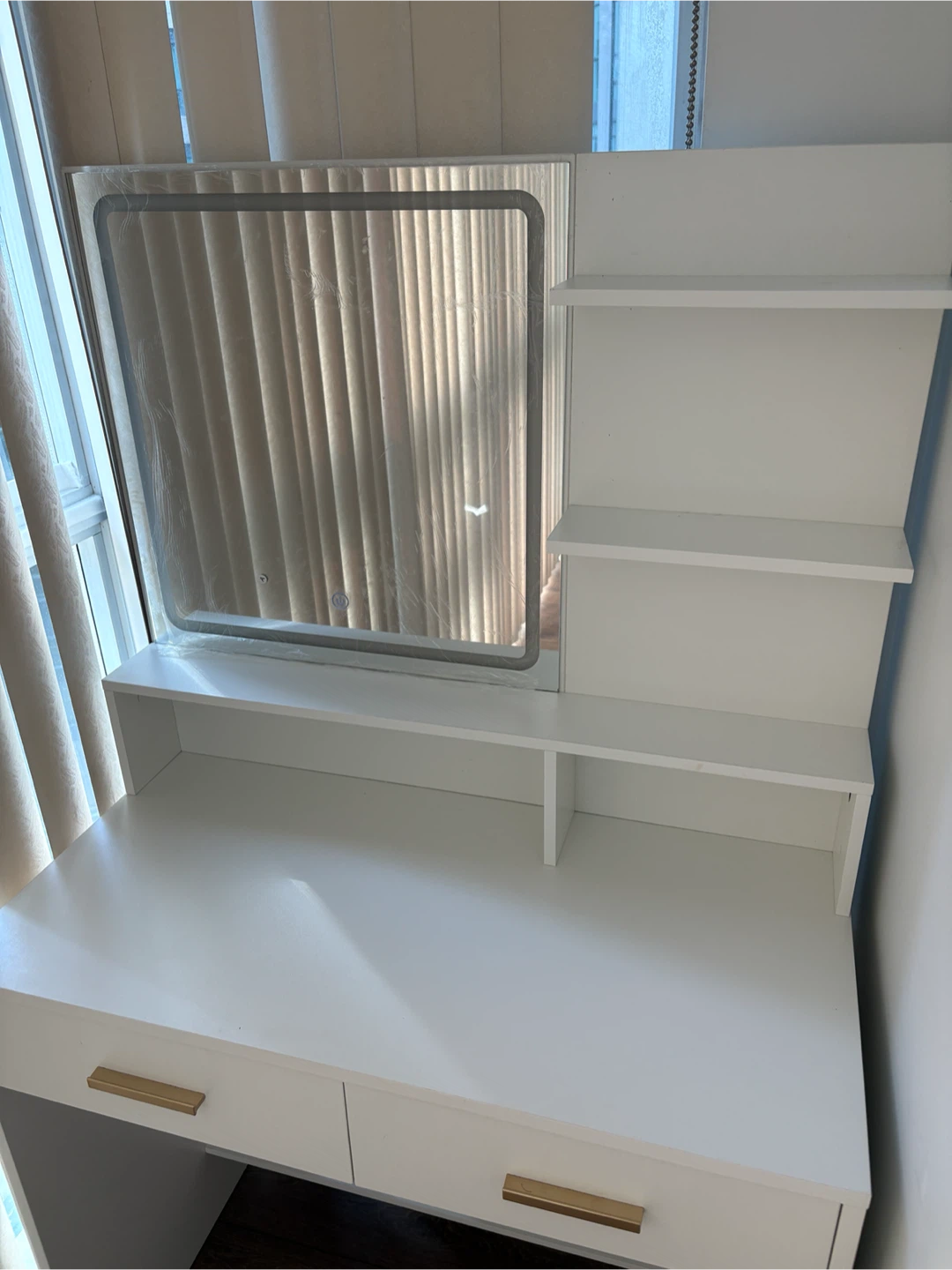White Vanity Desk with LED Mirror and Shelves - photo 3