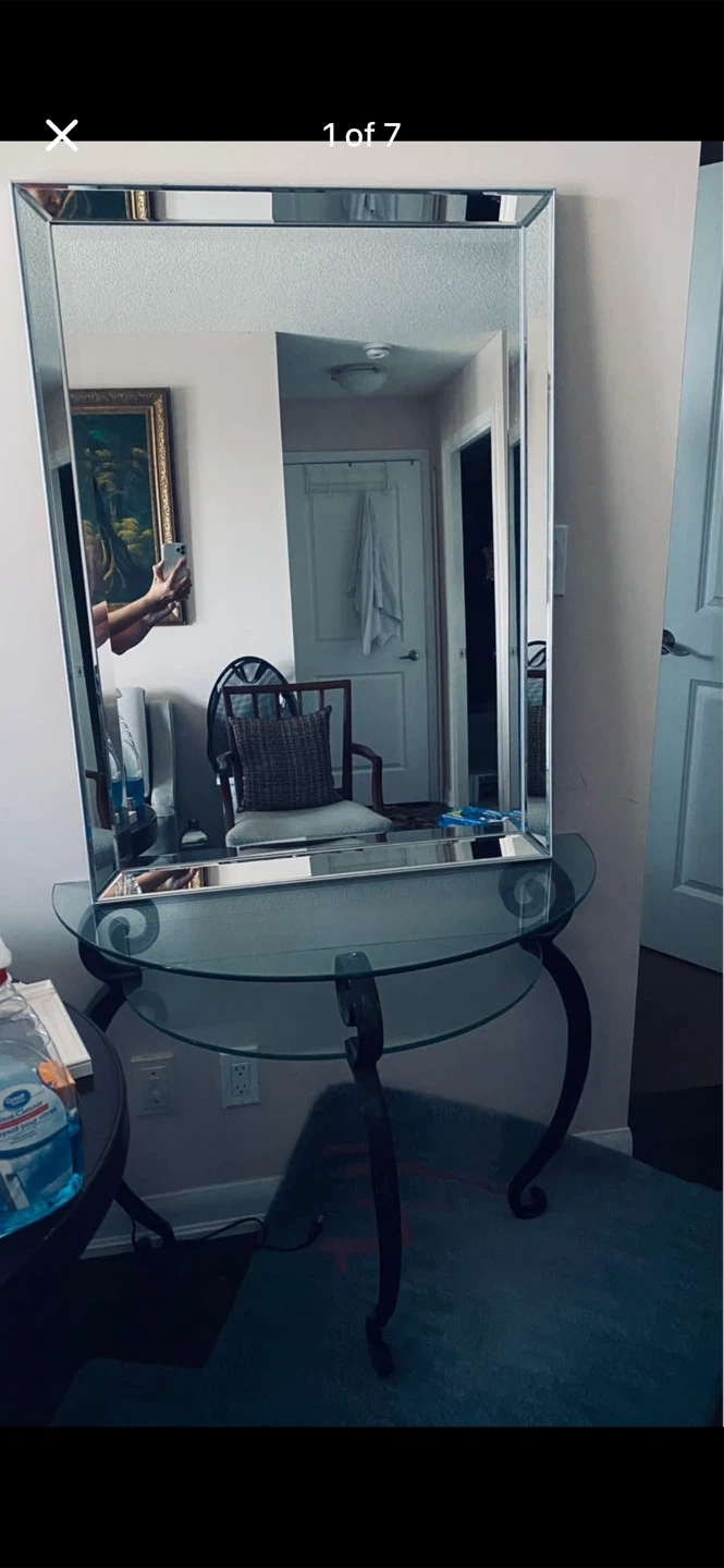 Glass Console Table with Ornate Metal Base
