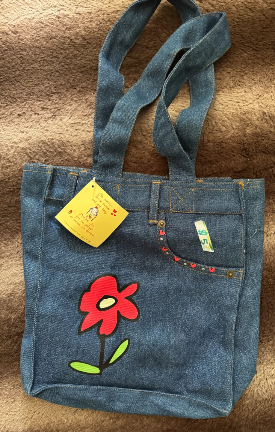 Denim Tote Bag with Flower and Girl Design