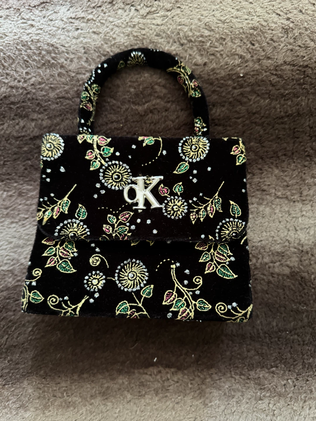 CK Black velvet purse with floral embroidery