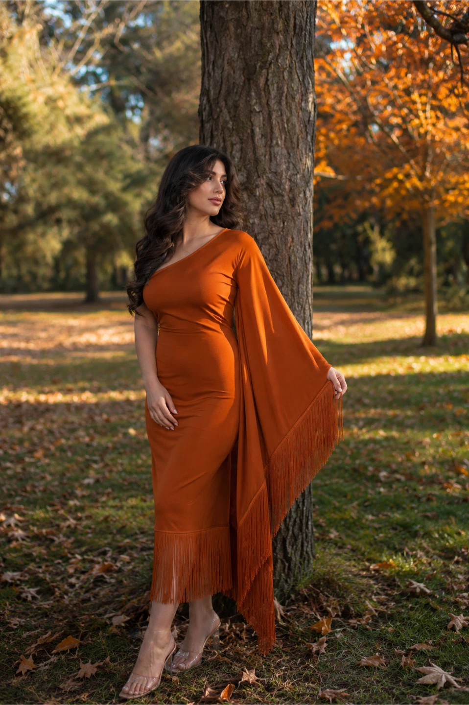 Rust Orange One-Shoulder Dress with Fringe