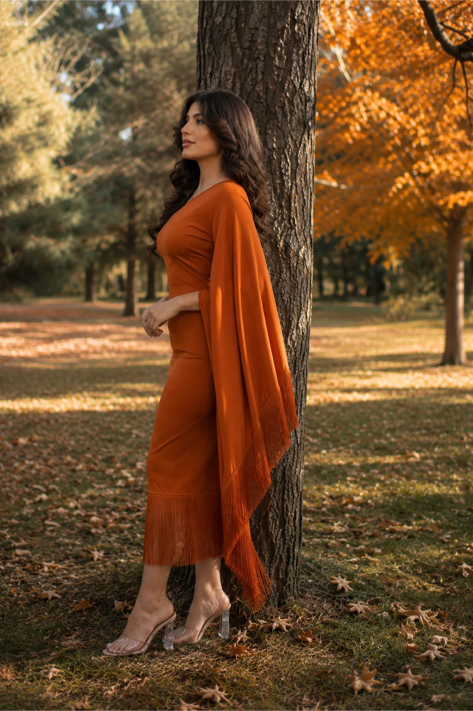 Rust Orange One-Shoulder Dress with Fringe - photo 2
