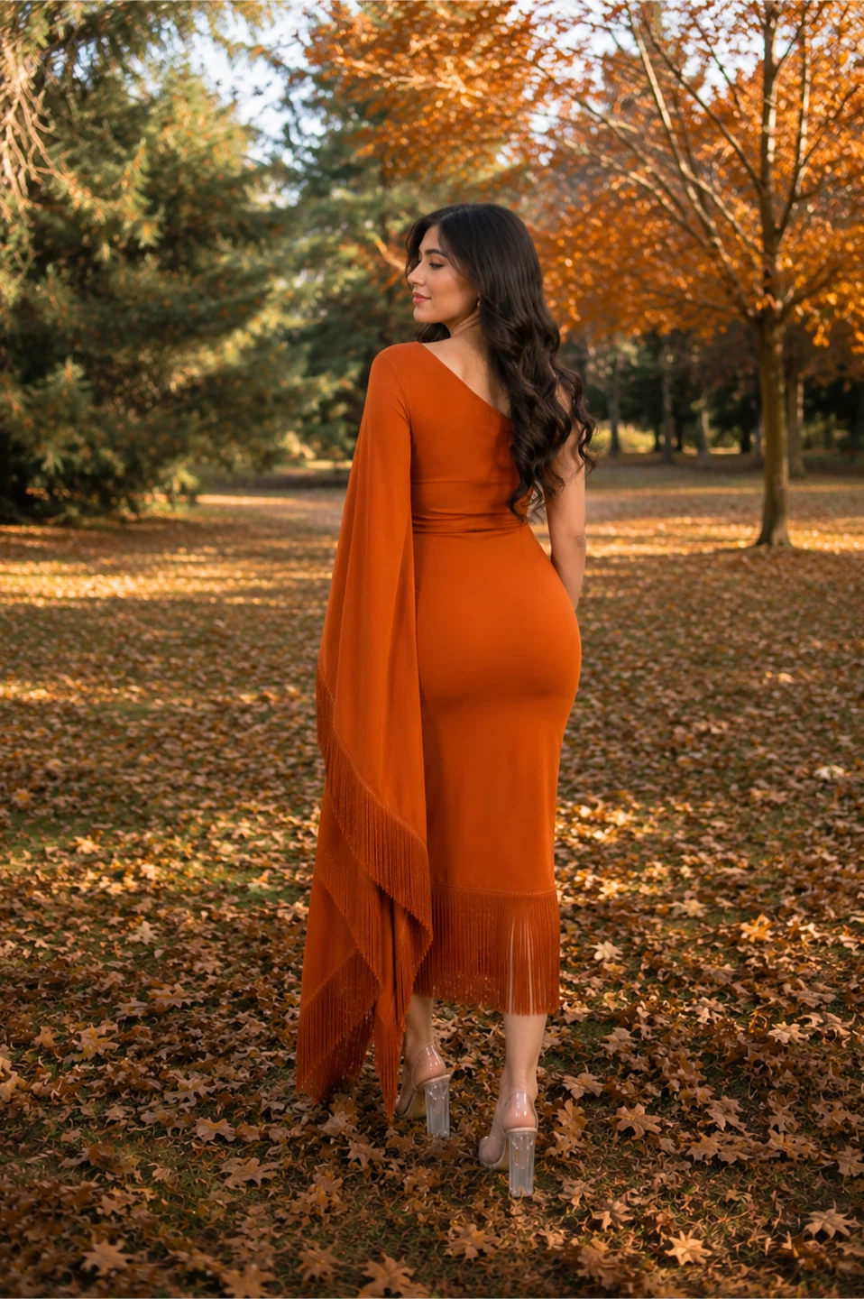 Rust Orange One-Shoulder Dress with Fringe - photo 3