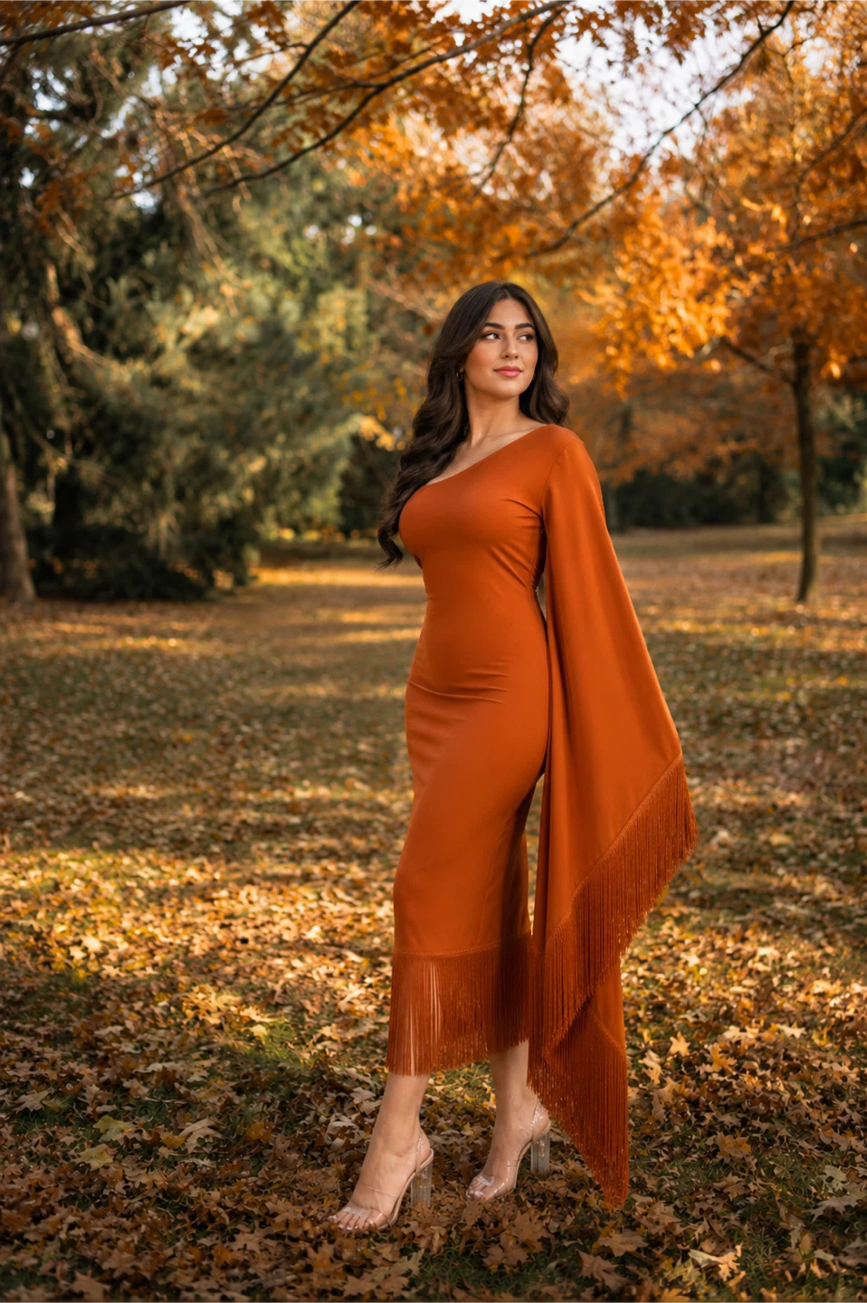 Rust Orange One-Shoulder Dress with Fringe - photo 4