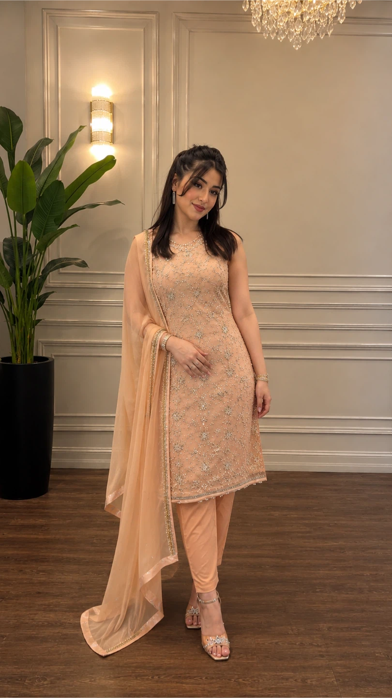 Peach Embroidered Suit with Dupatta