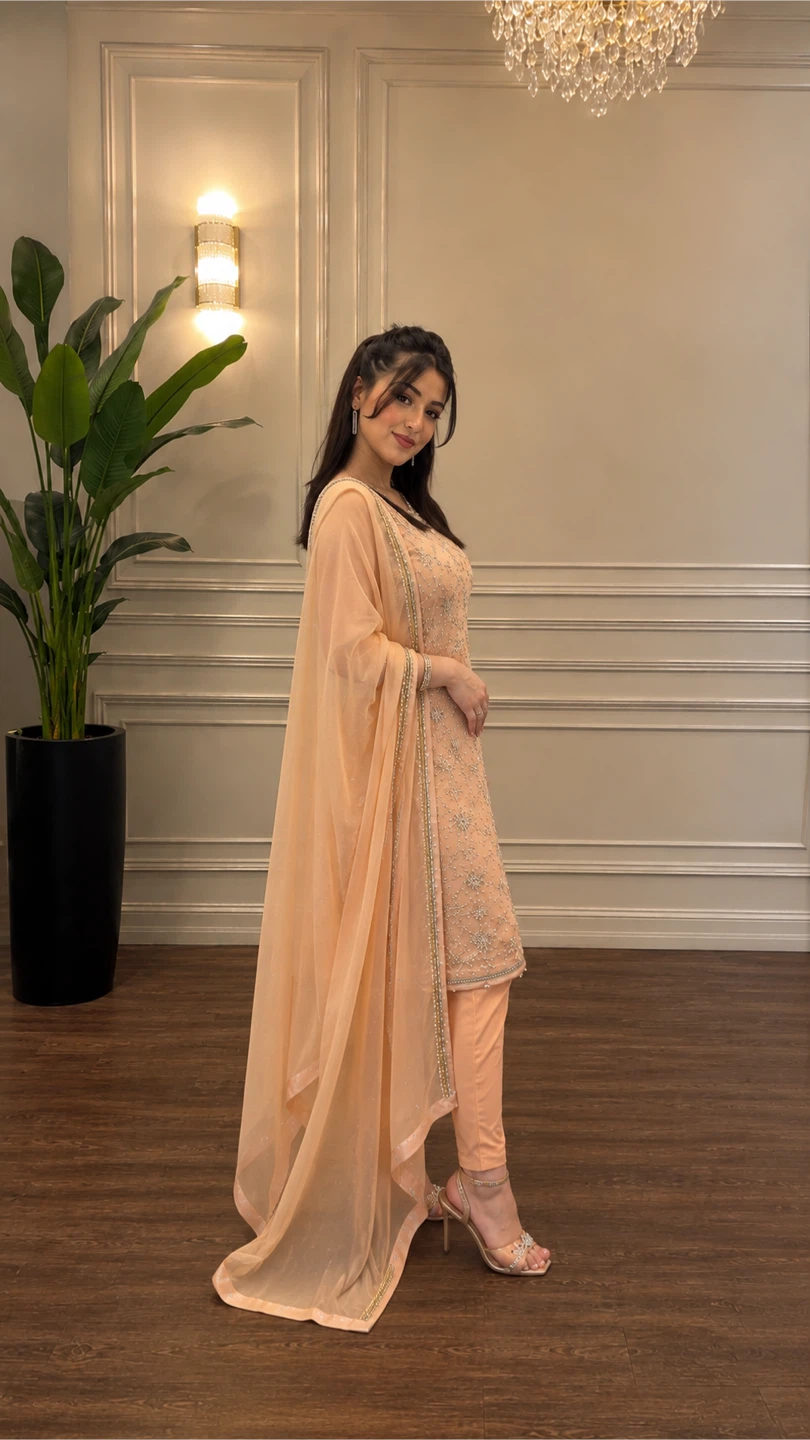 Peach Embroidered Suit with Dupatta - photo 2
