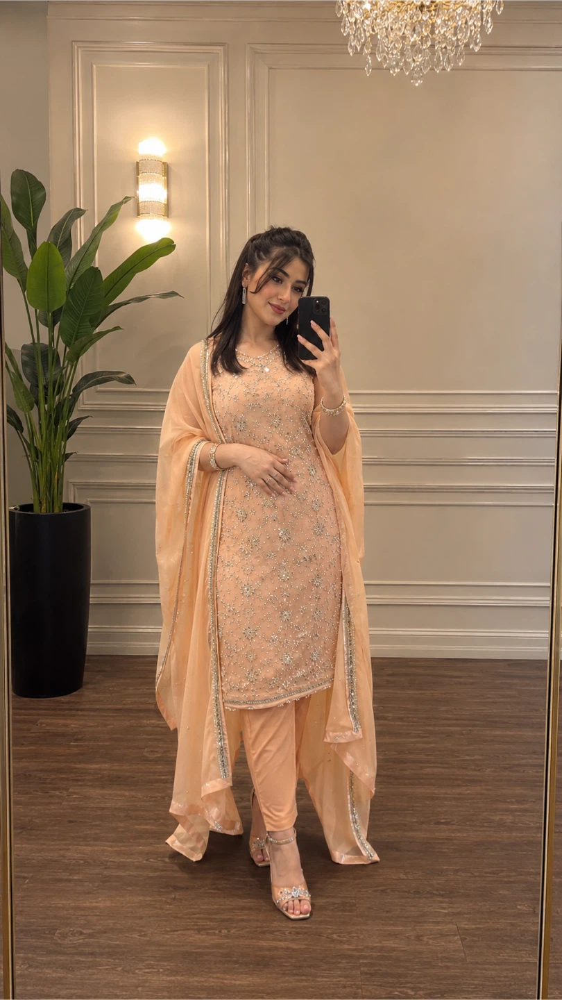 Peach Embroidered Suit with Dupatta - photo 3