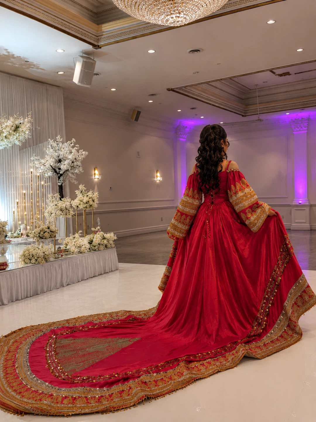 Red and pink embroidered traditional dress