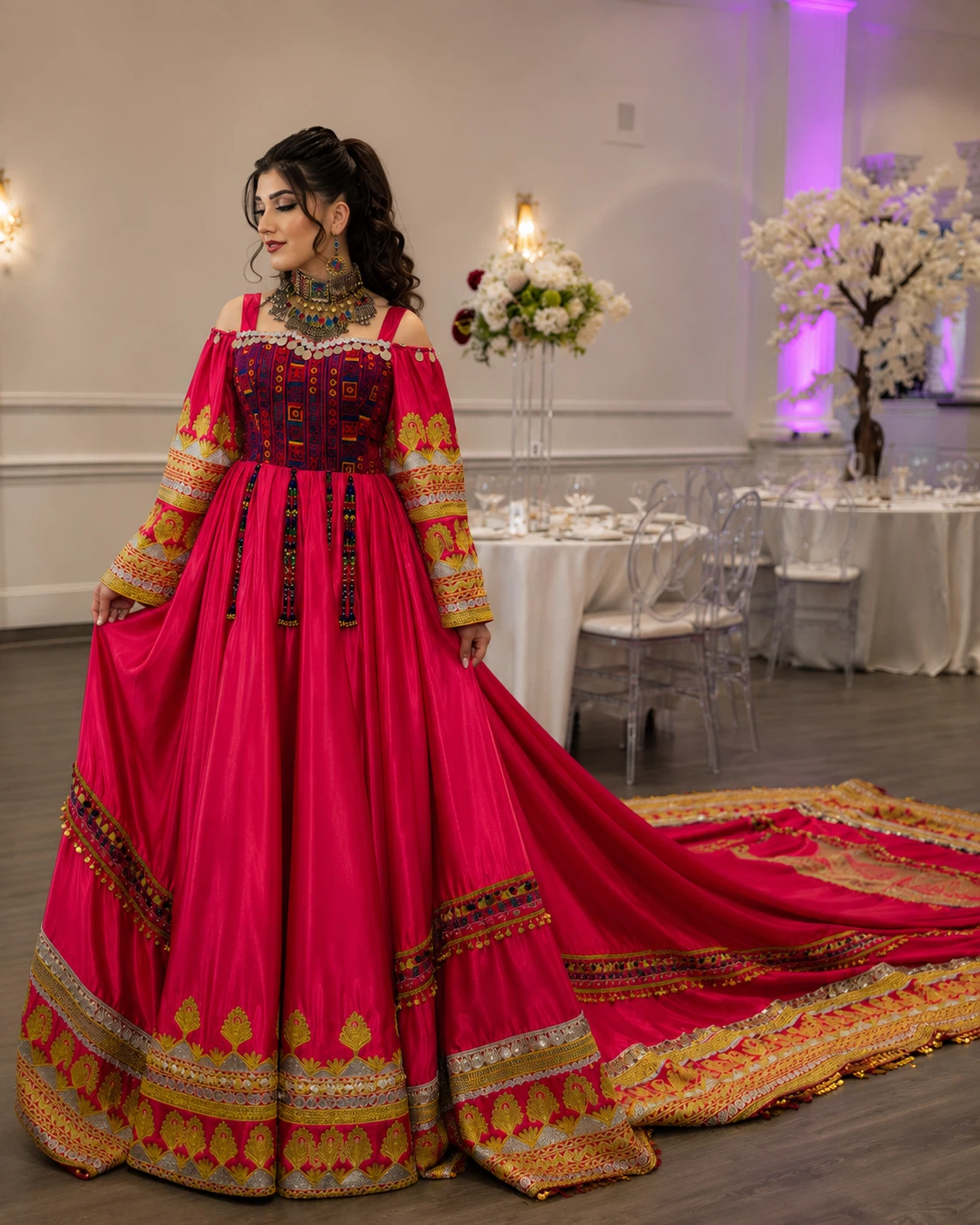 Red and pink embroidered traditional dress - photo 2