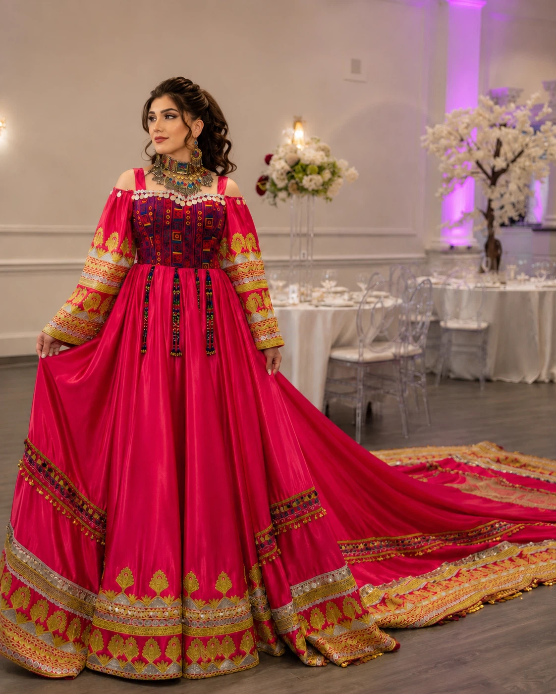Red and pink embroidered traditional dress - photo 3