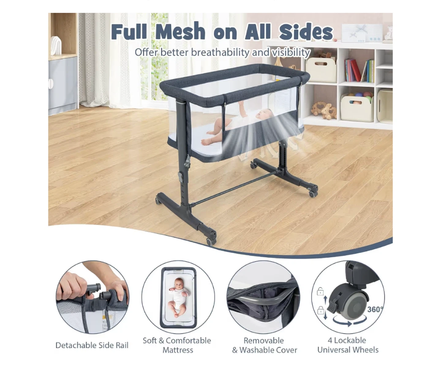 Baby Bassinet Bedside Sleeper turns in to play pan