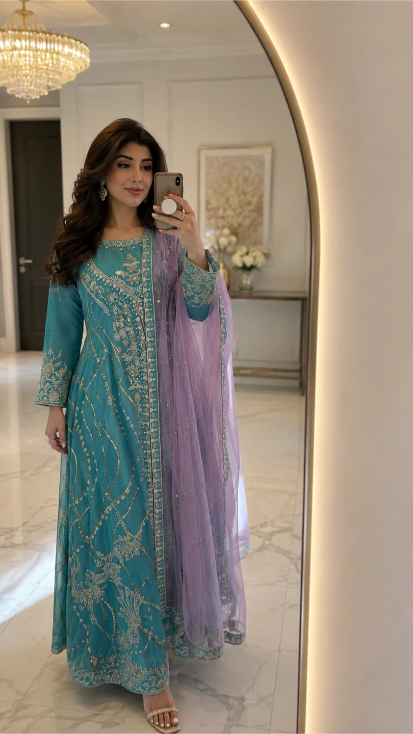 Teal Embroidered Anarkali Suit with Lavender Dupatta
