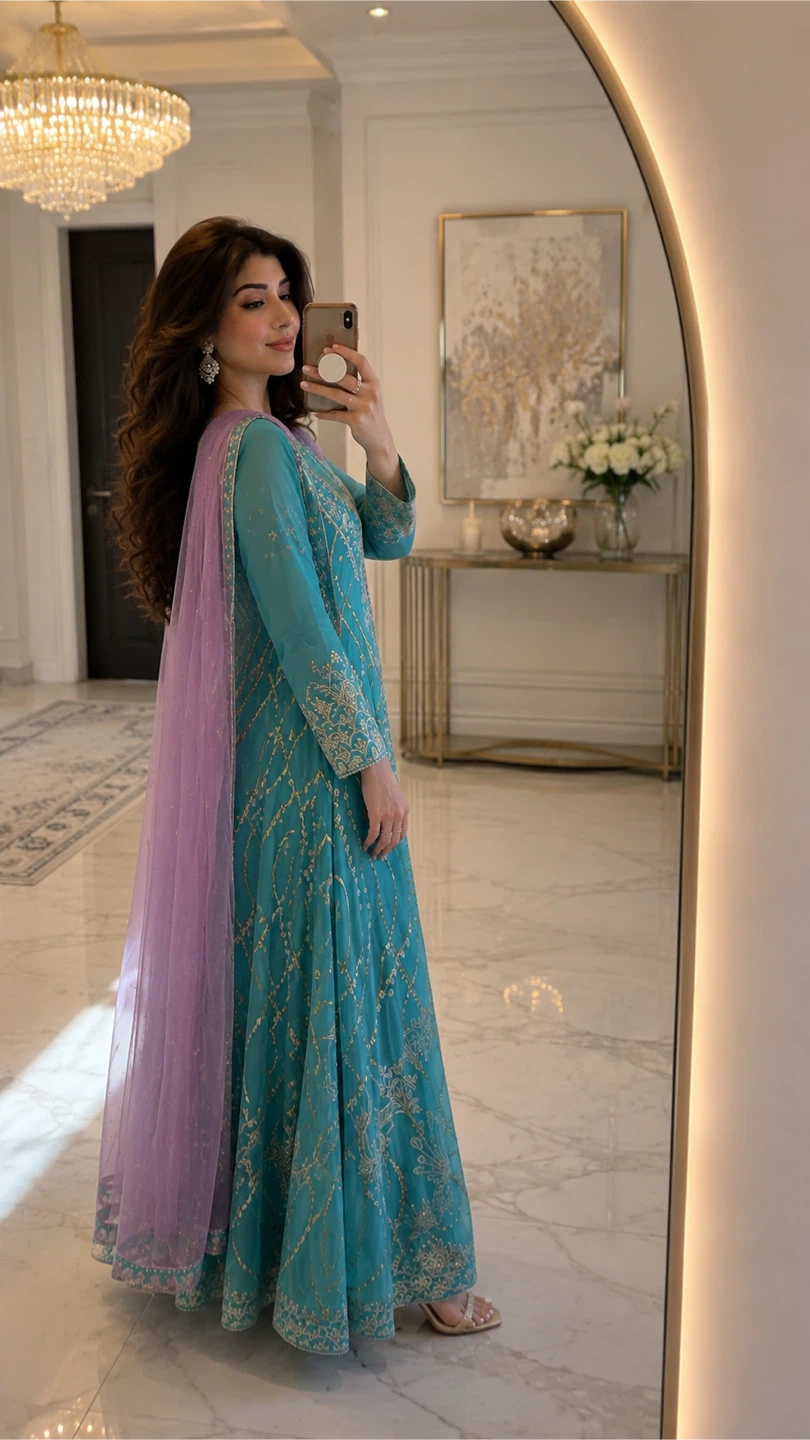 Teal Embroidered Anarkali Suit with Lavender Dupatta - photo 2