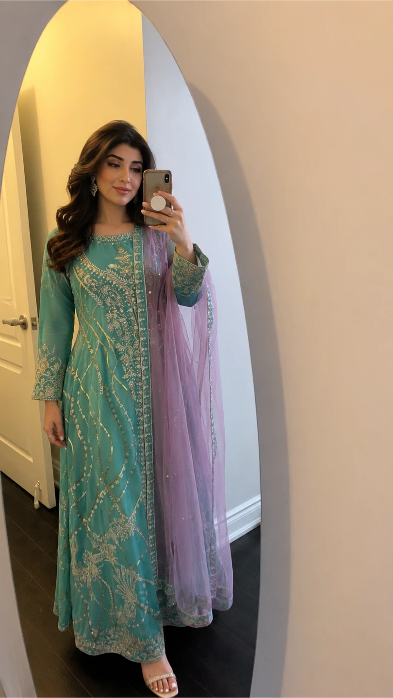 Teal Embroidered Anarkali Suit with Lavender Dupatta - photo 3