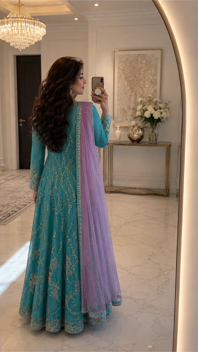 Teal Embroidered Anarkali Suit with Lavender Dupatta - photo 4