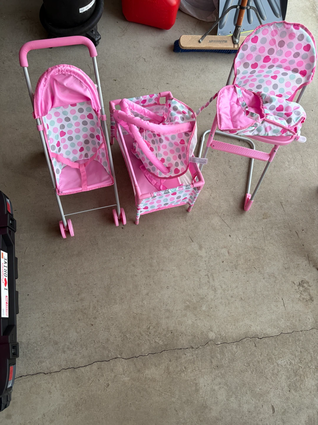 Doll Stroller, High Chair and Bassinet Set - Pink Polka Dot