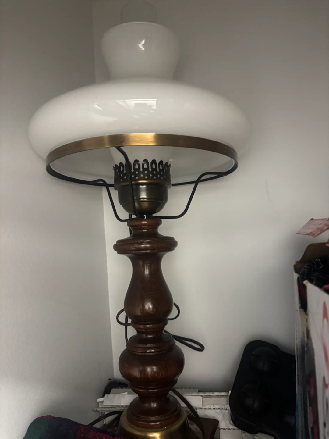 Vintage Wooden Table Lamp with White Glass Shade