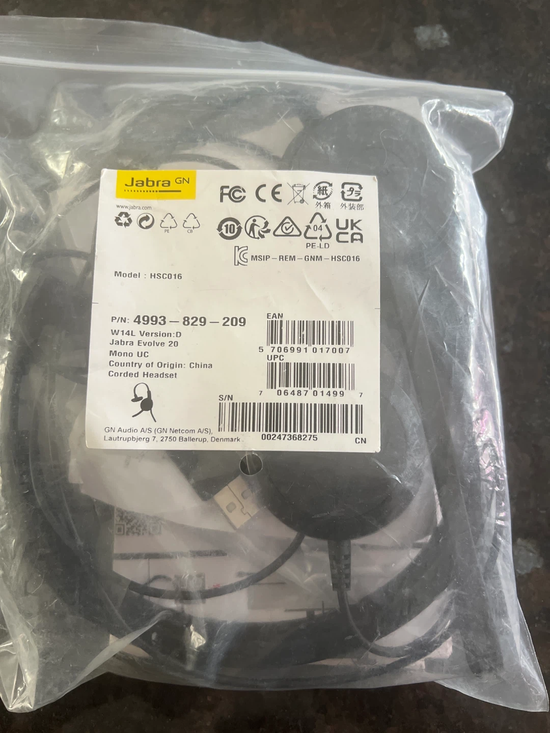 Jabra Evolve 20 Mono UC Corded Headset HSC016