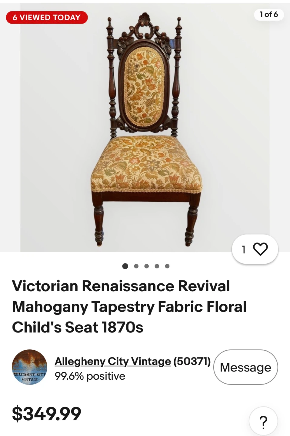 Victorian Renaissance Revival Mahogany Tapestry Fabric Chair - photo 2