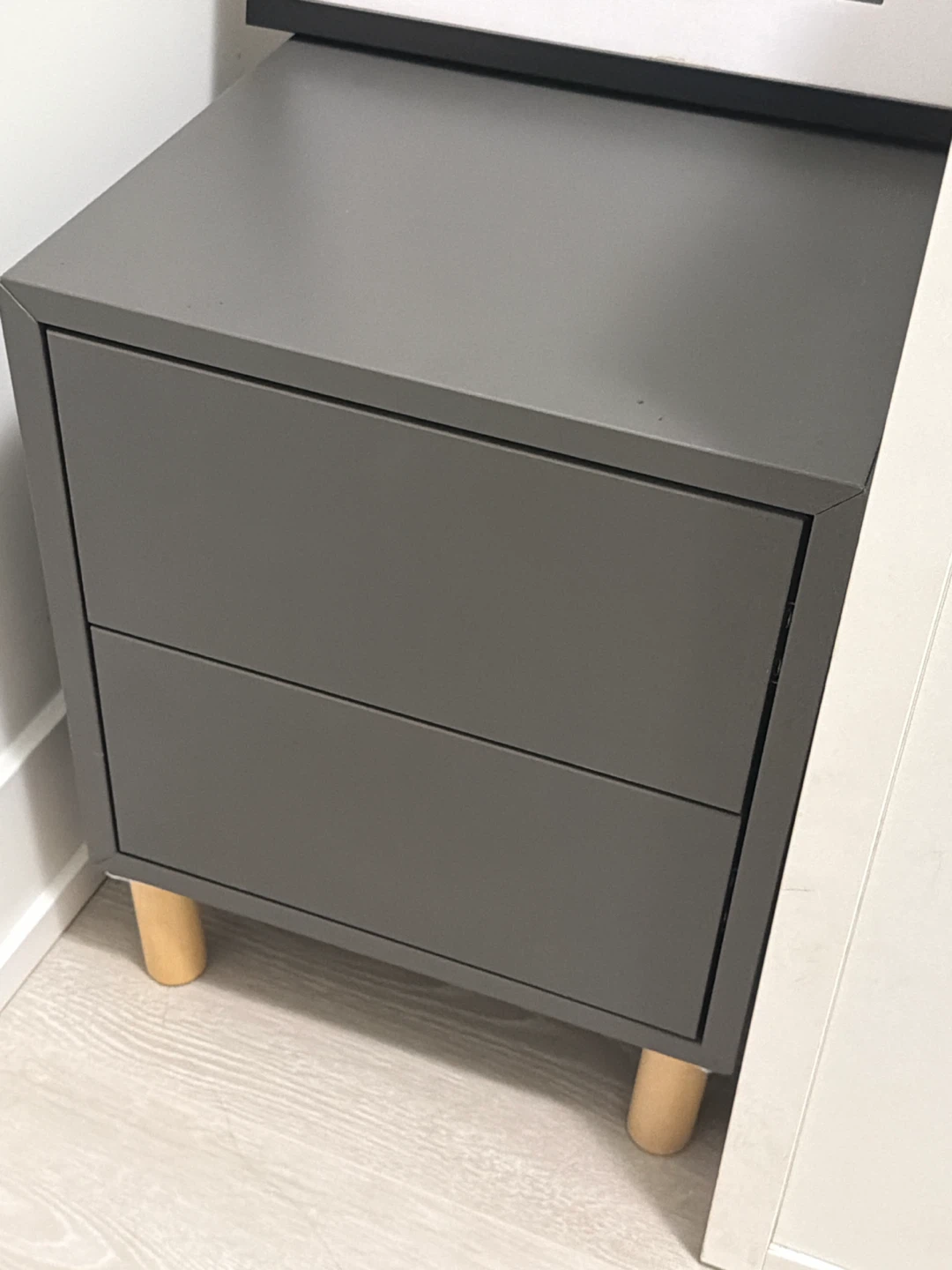 Grey Two-Drawer Nightstand with Wooden Legs