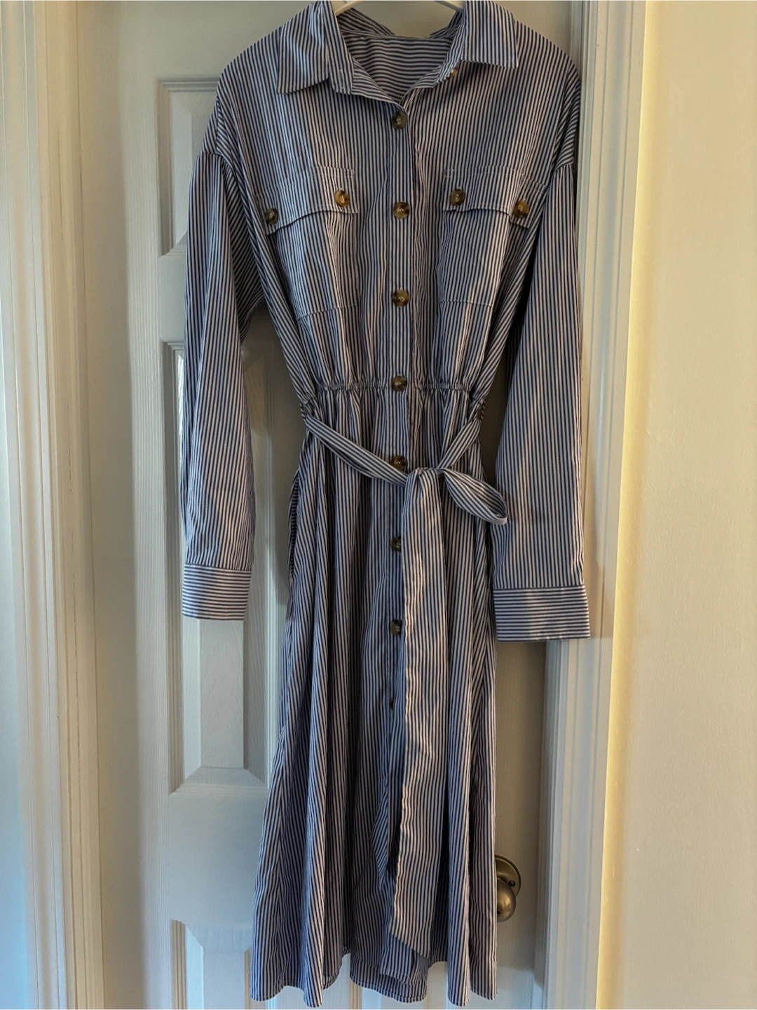 Striped Button-Up Midi Dress with Belt