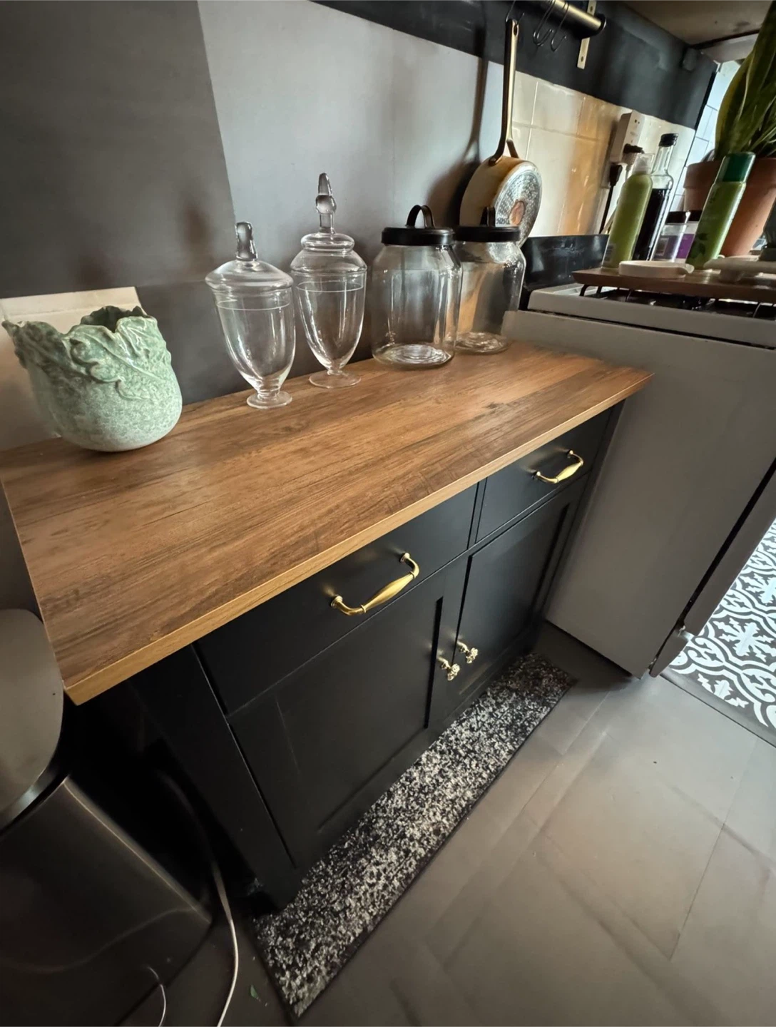 Black Two-Door Cabinet with Wood Top