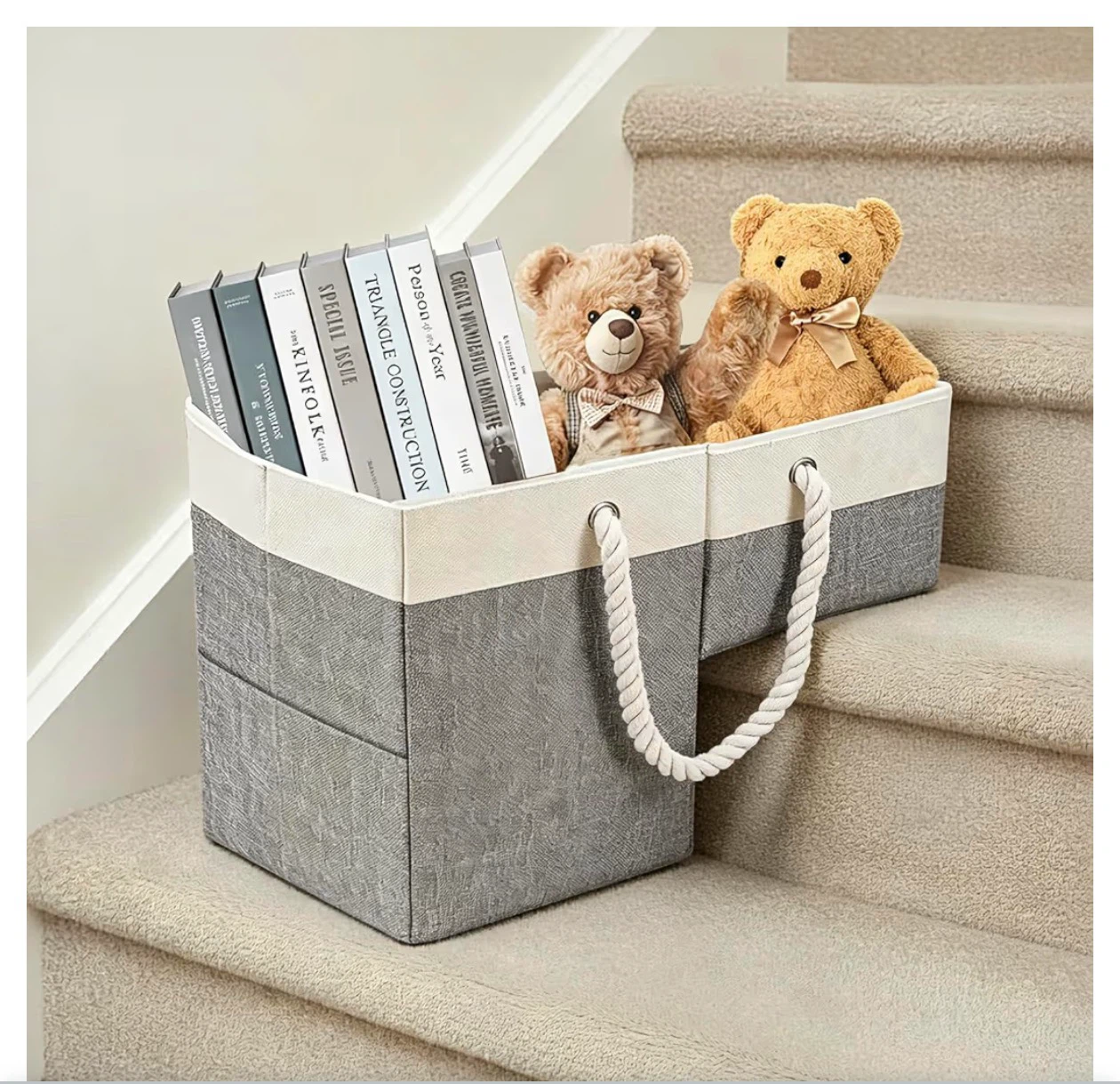 Stair Storage Basket, Wooded Linen with Cotton, Anti-Slip