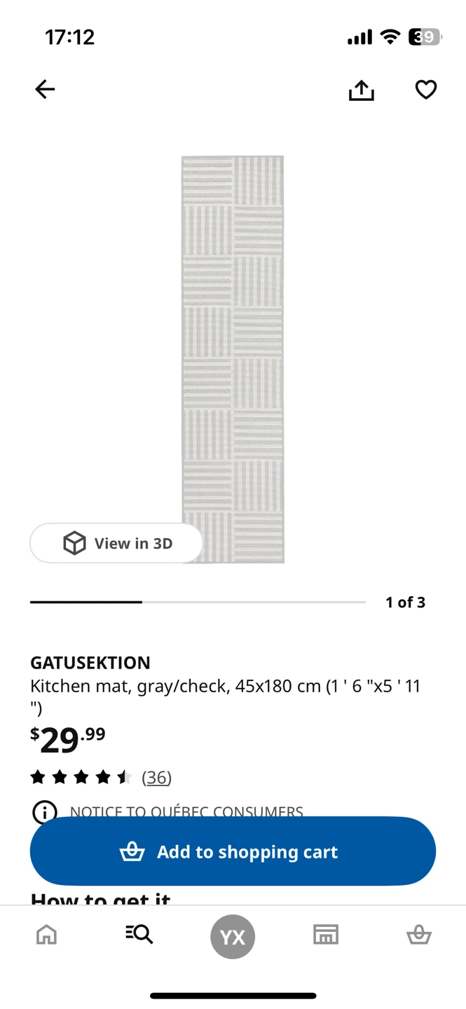 IKEA GATUSEKTION Kitchen Mat Gray/Check 45x180 cm