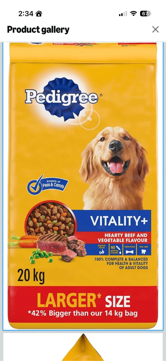 #Free Pedigree Vitality+ Beef & Veg Kibble - 20kg Opened